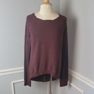 H BY BORDEAUX Plum Marled Crewneck Hi Low Back Zipper Boho Knit Activewear Top
